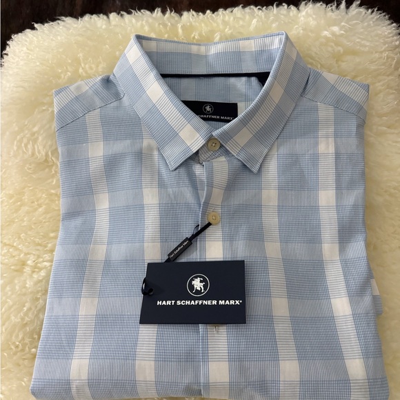 HART SCHAFFNER MARX MENS SHORT SLEEVE DRESS SHIRT XL BLUE AND WHITE - Picture 6 of 9